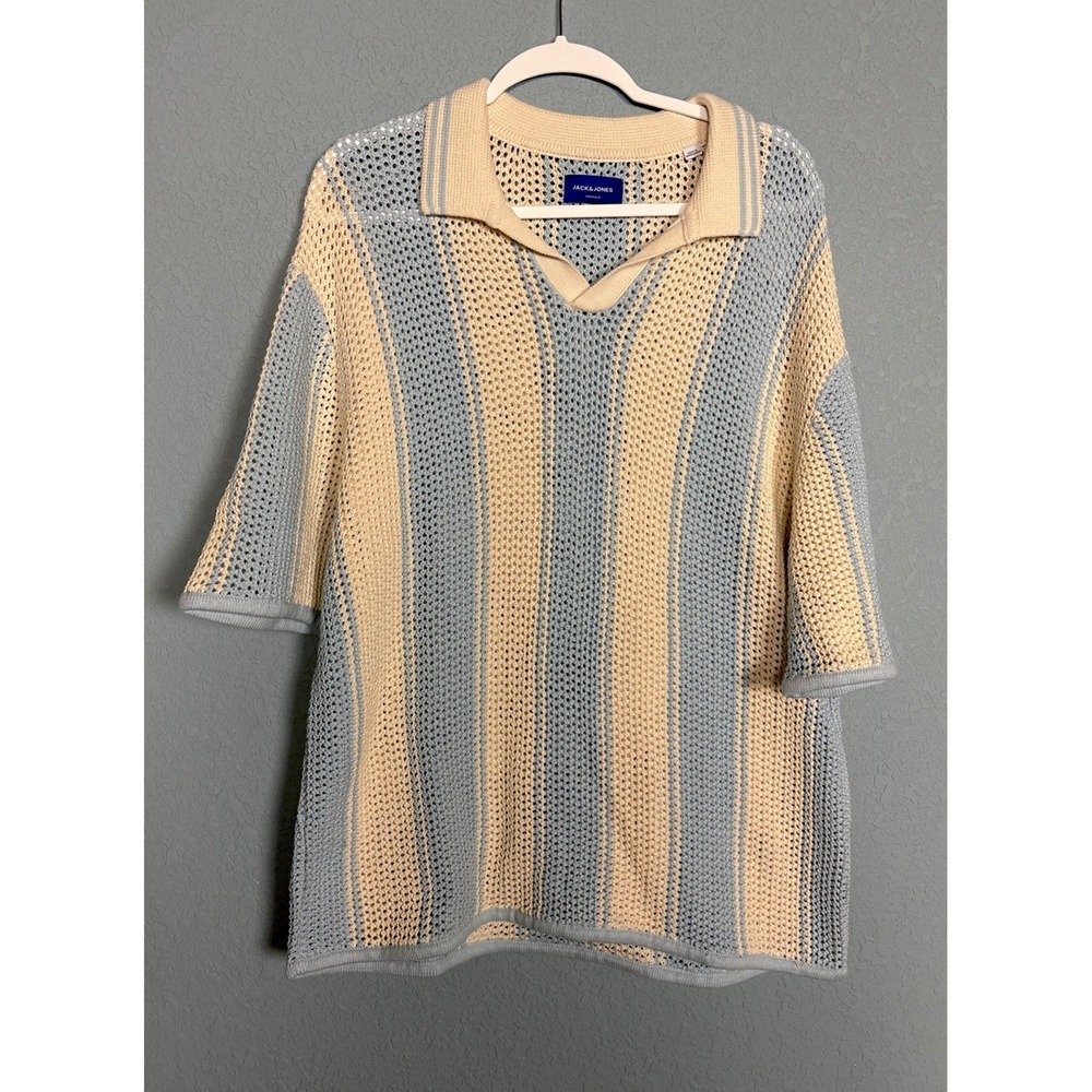 NWT Jack & Jones Crochet Open Knit Striped Polo Mens‎ XL Cream Blue Joracapulco